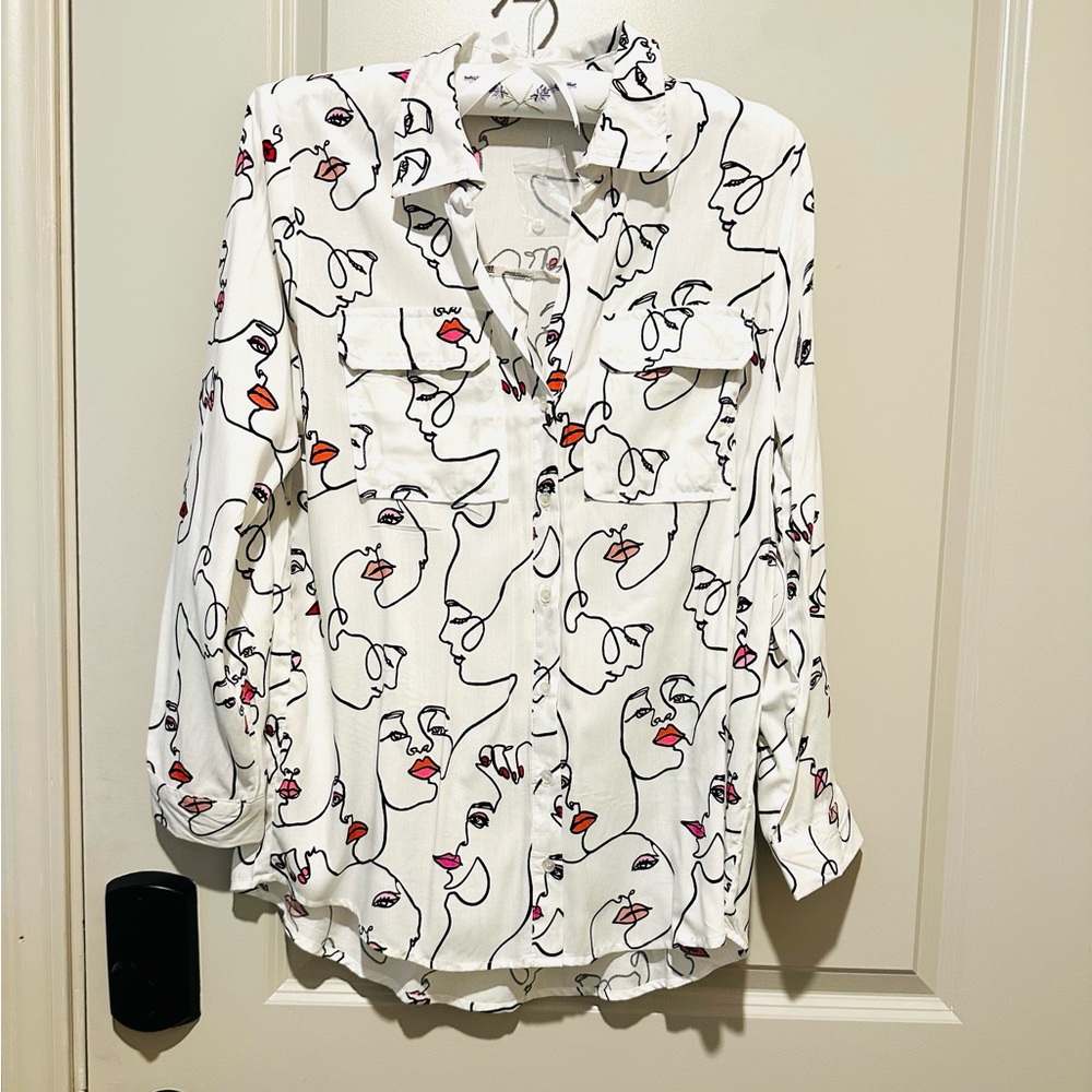 White Abstract Face Print Blouse